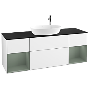 Villeroy und Boch Finion Waschtischunterschrank F982GMGF 160cm, Abdeckplatte black matt, Regale Olive matt lacquer, Glossy white lacquer