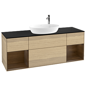 Villeroy und Boch Finion Waschtischunterschrank F982GNPC 160cm, Abdeckplatte black matt, Regale Walnut Veneer, Oak Veneer