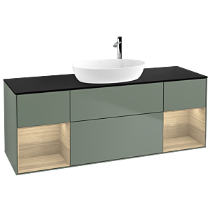 Villeroy und Boch Finion Waschtischunterschrank F982PCGM 160cm, Abdeckplatte black matt, Regale Oak Veneer, Olive Matt Lacquer