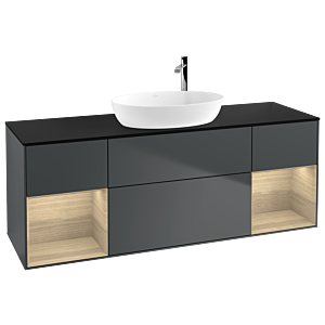 Villeroy und Boch Finion Waschtischunterschrank F982PCHG 160cm, Abdeckplatte black matt, Regale Oak Veneer, Midnight Blue Matt Lacquer