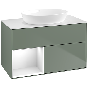 Villeroy und Boch Finion Waschtischunterschrank FA11GFGM 100cm, Abdeckplatte white matt, Regale Glossy white lacquer, Olive Matt Lacquer