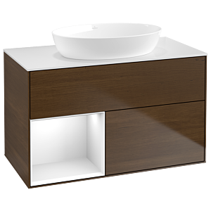 Villeroy und Boch Finion Waschtischunterschrank FA11GFGN 100cm, Abdeckplatte white matt, Regale Glossy white lacquer, Walnut veneer