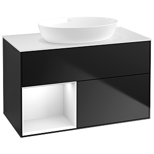 Villeroy und Boch Finion Waschtischunterschrank FA11GFPD 100cm, Abdeckplatte white matt, Regale Glossy white lacquer, Black matt lacquer