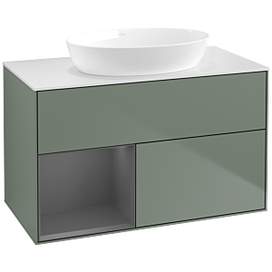 Villeroy und Boch Finion Waschtischunterschrank FA11GKGM 100cm, Abdeckplatte white matt, Regale Anthracite matt lacquer, Olive Matt Lacquer