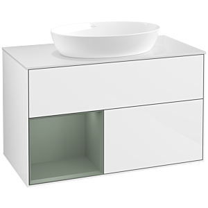 Villeroy und Boch Finion Waschtischunterschrank FA11GMGF 100cm, Abdeckplatte white matt, Regale Olive matt lacquer, Glossy white lacquer