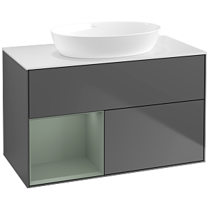 Villeroy und Boch Finion Waschtischunterschrank FA11GMGK 100cm, Abdeckplatte white matt, Regale Olive matt lacquer, Anthracite matt