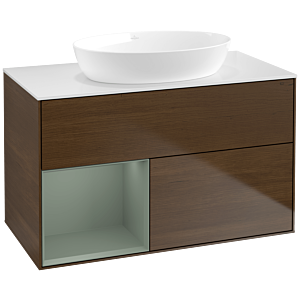 Villeroy und Boch Finion Waschtischunterschrank FA11GMGN 100cm, Abdeckplatte white matt, Regale Olive matt lacquer, Walnut veneer