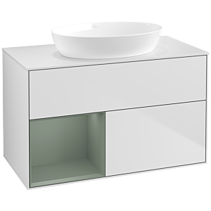 Villeroy und Boch Finion Waschtischunterschrank FA11GMMT 100cm, Abdeckplatte white matt, Regale Olive matt lacquer, White matt lacquer