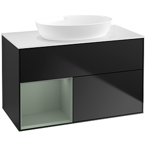 Villeroy und Boch Finion Waschtischunterschrank FA11GMPD 100cm, Abdeckplatte white matt, Regale Olive matt lacquer, Black matt lacquer