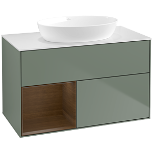 Villeroy und Boch Finion Waschtischunterschrank FA11GNGM 100cm, Abdeckplatte white matt, Regale Walnut Veneer, Olive Matt Lacquer