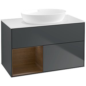 Villeroy und Boch Finion Waschtischunterschrank FA11GNHG 100cm, Abdeckplatte white matt, Regale Walnut Veneer, Midnight Blue Matt Lacquer