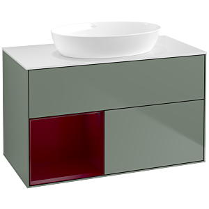 Villeroy und Boch Finion Waschtischunterschrank FA11HBGM 100cm, Abdeckplatte white matt, Regale Peony matt lacquer, Olive Matt Lacquer