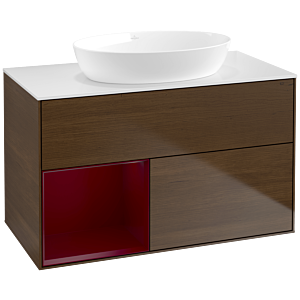 Villeroy und Boch Finion Waschtischunterschrank FA11HBGN 100cm, Abdeckplatte white matt, Regale Peony matt lacquer, Walnut veneer