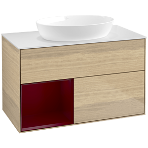 Villeroy und Boch Finion Waschtischunterschrank FA11HBPC 100cm, Abdeckplatte white matt, Regale Peony matt lacquer, Oak Veneer