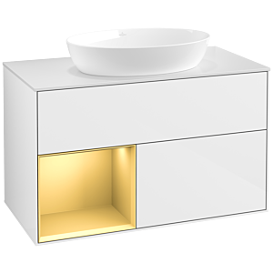 Villeroy und Boch Finion Waschtischunterschrank FA11HFGF 100cm, Abdeckplatte white matt, Regale Gold matt lacquer, Glossy white lacquer