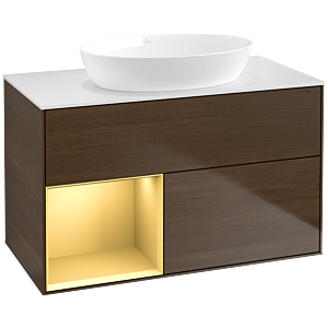 Villeroy und Boch Finion Waschtischunterschrank FA11HFGN 100cm, Abdeckplatte white matt, Regale Gold matt lacquer, Walnut veneer