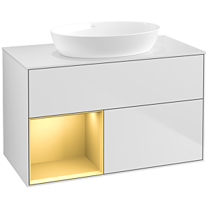 Villeroy und Boch Finion Waschtischunterschrank FA11HFMT 100cm, Abdeckplatte white matt, Regale Gold matt lacquer, White matt lacquer