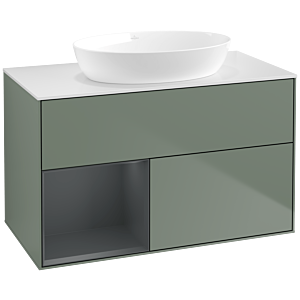 Villeroy und Boch Finion Waschtischunterschrank FA11HGGM 100cm, Abdeckplatte white matt, Regale Midnight matt lacquer, Olive Matt Lacquer