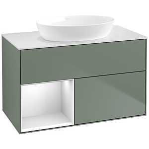 Villeroy und Boch Finion Waschtischunterschrank FA11MTGM 100cm, Abdeckplatte white matt, Regale White matt lacquer, Olive Matt Lacquer