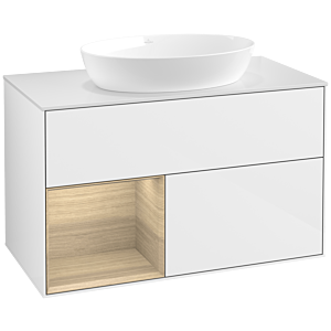 Villeroy und Boch Finion Waschtischunterschrank FA11PCGF 100cm, Abdeckplatte white matt, Regale Oak Veneer, Glossy white lacquer