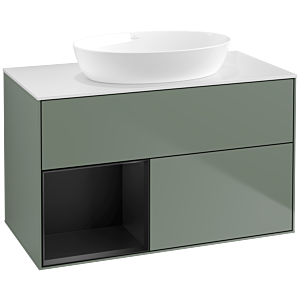 Villeroy und Boch Finion Waschtischunterschrank FA11PDGM 100cm, Abdeckplatte white matt, Regale Black matt lacquer, Olive Matt Lacquer