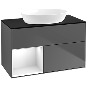 Villeroy et Boch Finion Villeroy et Boch FA12GFGK 100cm, plaque de recouvrement noir mat, étagères laqué blanc brillant, anthracite mat
