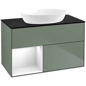 Villeroy et Boch Finion Villeroy et Boch FA12GFGM 100cm, plaque de recouvrement noir mat, étagères Laque blanche brillante, Olive Matt Lacquer