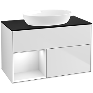 Villeroy et Boch Finion Villeroy et Boch FA12GFMT 100cm, plaque de recouvrement noir mat, étagères laqué blanc brillant, laqué blanc mat