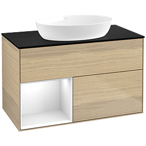 Villeroy und Boch Finion Waschtischunterschrank FA12GFPC 100cm, Abdeckplatte black matt, Regale Glossy white lacquer, Oak Veneer