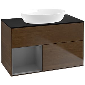 Villeroy und Boch Finion Waschtischunterschrank FA12GKGN 100cm, Abdeckplatte black matt, Regale Anthracite matt lacquer, Walnut veneer
