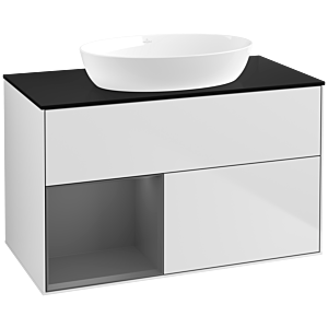 Villeroy et Boch Finion Villeroy et Boch FA12GKMT 100cm, plaque de recouvrement noire mate, étagères laqué mat anthracite, laqué blanc mat