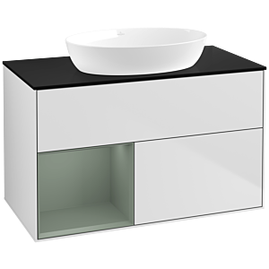 Villeroy und Boch Finion Waschtischunterschrank FA12GMMT 100cm, Abdeckplatte black matt, Regale Olive matt lacquer, White matt lacquer