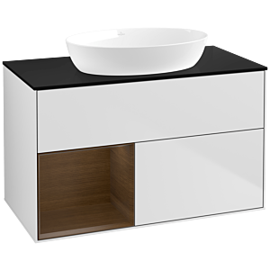Villeroy und Boch Finion Waschtischunterschrank FA12GNMT 100cm, Abdeckplatte black matt, Regale Walnut Veneer, White matt lacquer