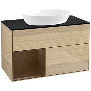 Villeroy und Boch Finion Waschtischunterschrank FA12GNPC 100cm, Abdeckplatte black matt, Regale Walnut Veneer, Oak Veneer