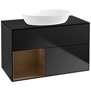 Villeroy und Boch Finion Waschtischunterschrank FA12GNPD 100cm, Abdeckplatte black matt, Regale Walnut Veneer, Black matt lacquer