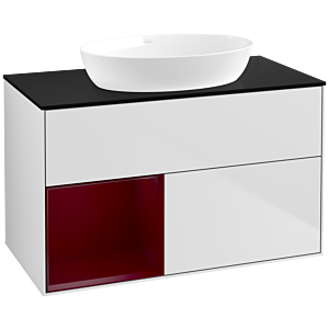 Villeroy und Boch Finion Waschtischunterschrank FA12HBMT 100cm, Abdeckplatte black matt, Regale Peony matt lacquer, White matt lacquer