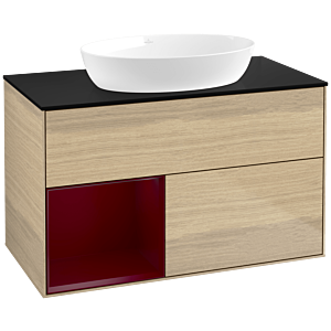 Villeroy und Boch Finion Waschtischunterschrank FA12HBPC 100cm, Abdeckplatte black matt, Regale Peony matt lacquer, Oak Veneer