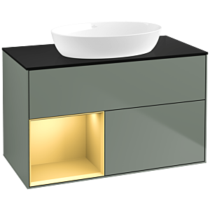 Villeroy und Boch Finion Waschtischunterschrank FA12HFGM 100cm, Abdeckplatte black matt, Regale Gold matt lacquer, Olive Matt Lacquer