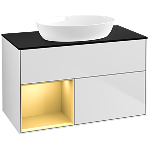 Villeroy und Boch Finion Waschtischunterschrank FA12HFMT 100cm, Abdeckplatte black matt, Regale Gold matt lacquer, White matt lacquer