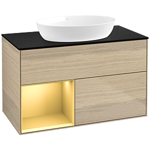 Villeroy und Boch Finion Waschtischunterschrank FA12HFPC 100cm, Abdeckplatte black matt, Regale Gold matt lacquer, Oak Veneer