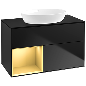 Villeroy und Boch Finion Waschtischunterschrank FA12HFPD 100cm, Abdeckplatte black matt, Regale Gold matt lacquer, Black matt lacquer