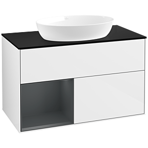 Villeroy und Boch Finion Waschtischunterschrank FA12HGGF 100cm, Abdeckplatte black matt, Regale Midnight matt lacquer, Glossy white lacquer