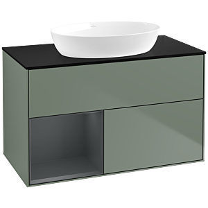 Villeroy und Boch Finion Waschtischunterschrank FA12HGGM 100cm, Abdeckplatte black matt, Regale Midnight matt lacquer, Olive Matt Lacquer