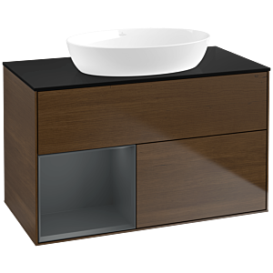 Villeroy und Boch Finion Waschtischunterschrank FA12HGGN 100cm, Abdeckplatte black matt, Regale Midnight matt lacquer, Walnut veneer