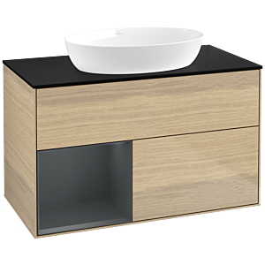 Villeroy und Boch Finion Waschtischunterschrank FA12HGPC 100cm, Abdeckplatte black matt, Regale Midnight matt lacquer, Oak Veneer