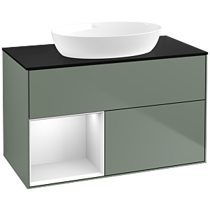 Villeroy und Boch Finion Waschtischunterschrank FA12MTGM 100cm, Abdeckplatte black matt, Regale White matt lacquer, Olive Matt Lacquer