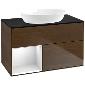 Villeroy und Boch Finion Waschtischunterschrank FA12MTGN 100cm, Abdeckplatte black matt, Regale White matt lacquer, Walnut veneer