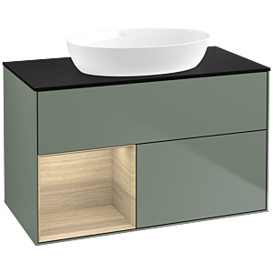 Villeroy und Boch Finion Waschtischunterschrank FA12PCGM 100cm, Abdeckplatte black matt, Regale Oak Veneer, Olive Matt Lacquer