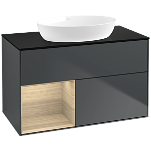 Villeroy und Boch Finion Waschtischunterschrank FA12PCHG 100cm, Abdeckplatte black matt, Regale Oak Veneer, Midnight Blue Matt Lacquer