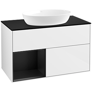 Villeroy und Boch Finion Waschtischunterschrank FA12PDGF 100cm, Abdeckplatte black matt, Regale Black matt lacquer, Glossy white lacquer